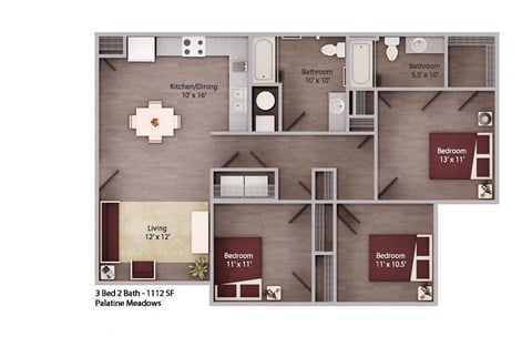 Floor plan for 3 beds, 2 baths, 1112 sqft